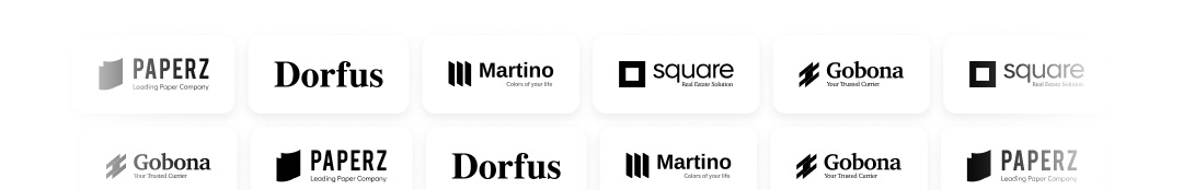 Customer logos: Paperz, Dorfus, Martino, Squares, Galaxos