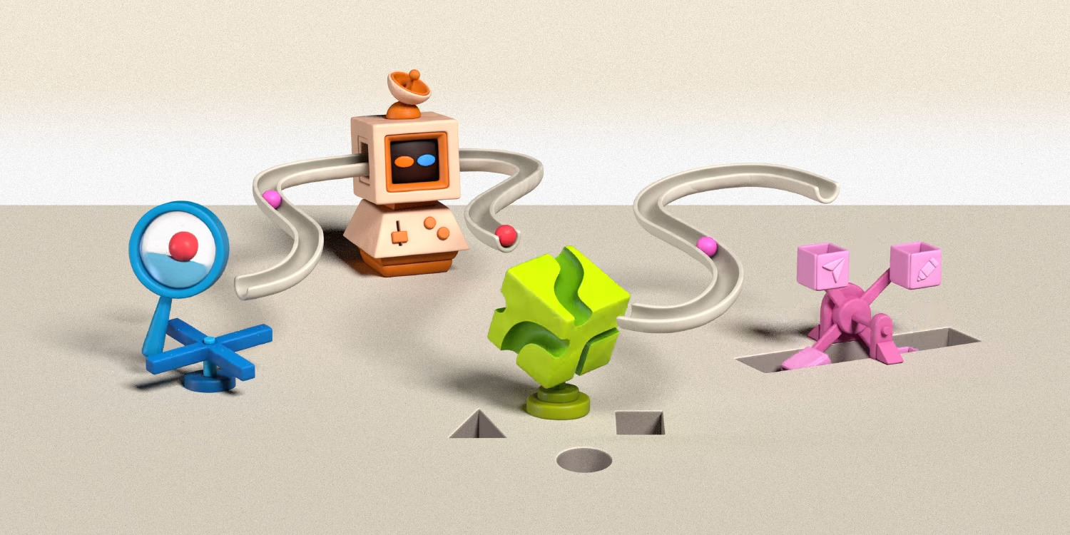 Clay's 3D clay-rendered illustration of a tangled prospecting workflow