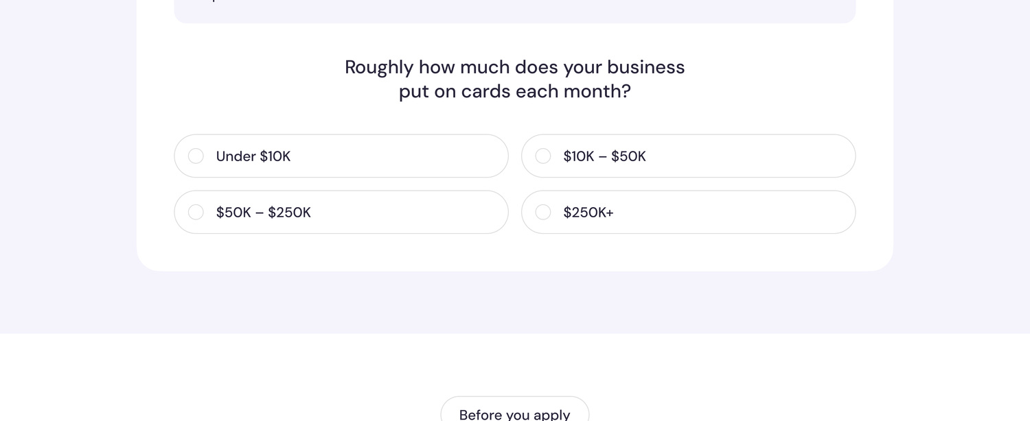 The cashback calculator asking how much the business spends each month