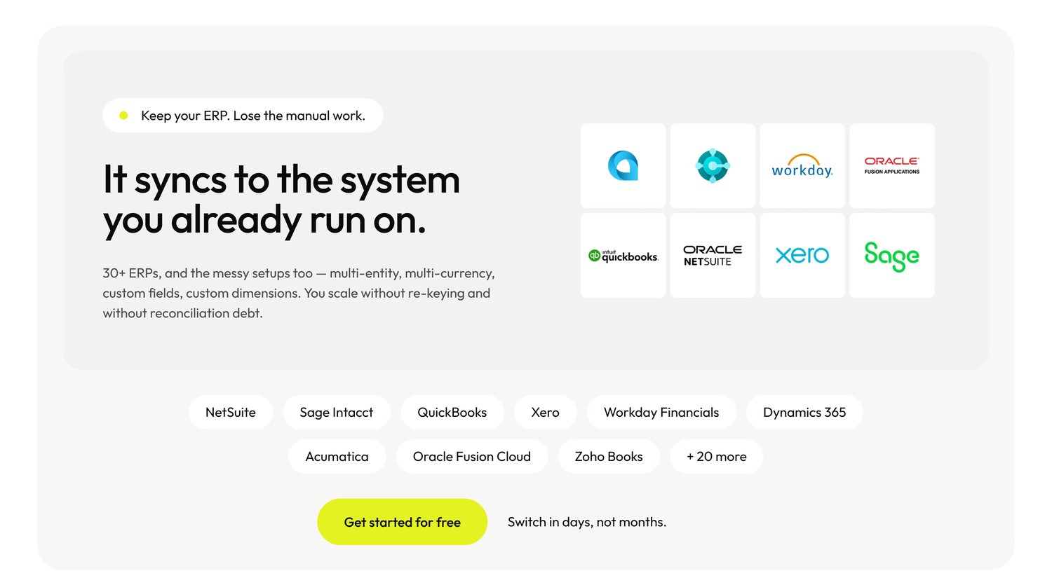 It syncs to the system you already run on: NetSuite, Workday, Oracle, QuickBooks, Xero, Sage and 20+ more
