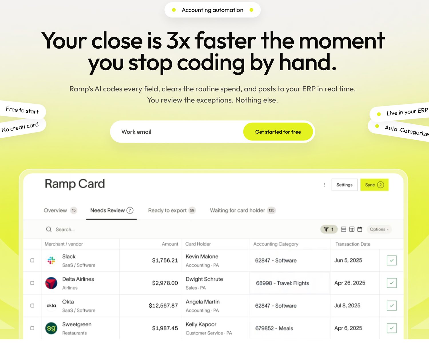 The Ramp accounting-automation campaign landing page hero, showing the live transaction ledger