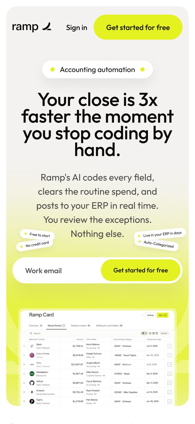 The Ramp campaign page on mobile, holding the same hero, ledger and CTA order