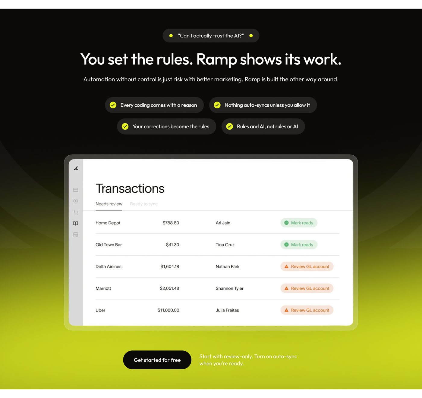You set the rules, Ramp shows its work: transactions table with mark-ready and review GL account states