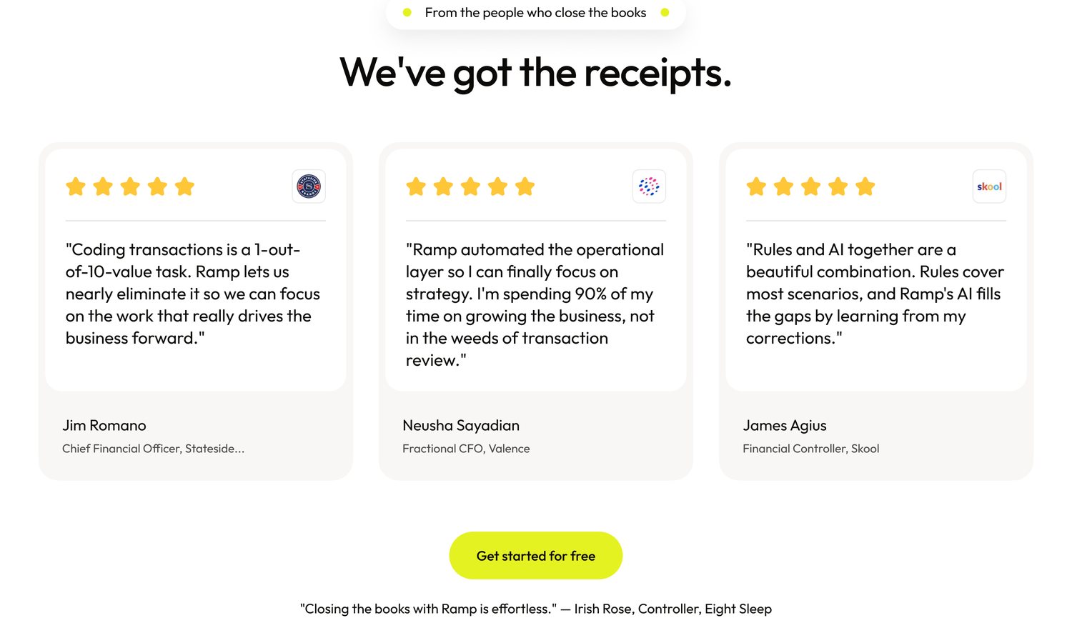 Customer testimonials from finance leaders at Sitewide, Valence and Skool