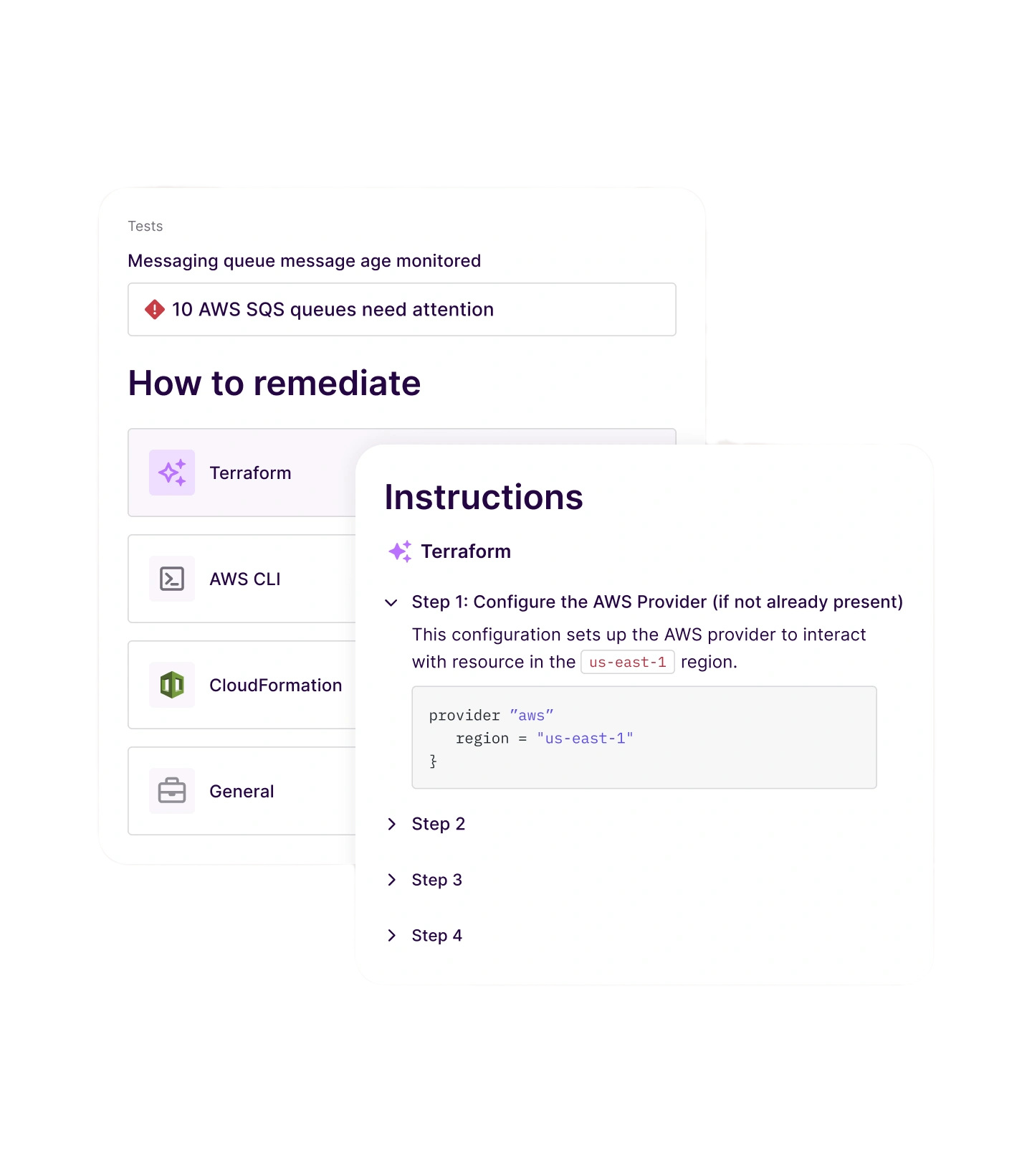 In-product guided remediation: a failing test with step-by-step Terraform instructions