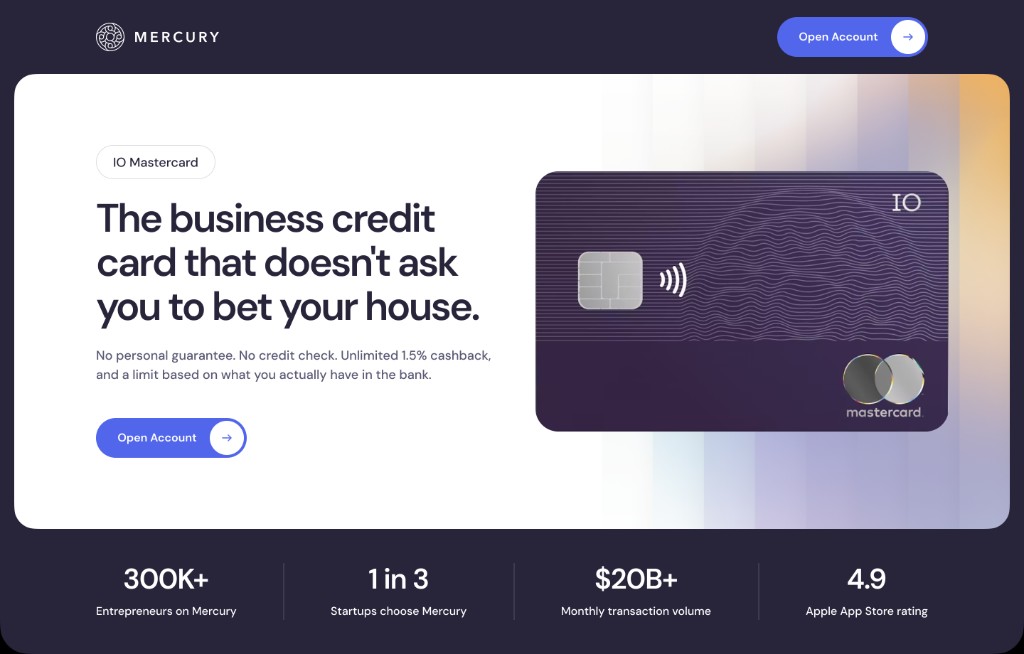 Mercury IO business credit card landing page after the rebuild
