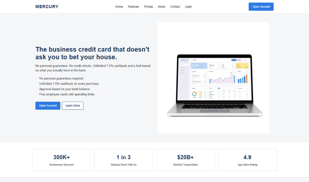 Mercury business banking page before the rebuild