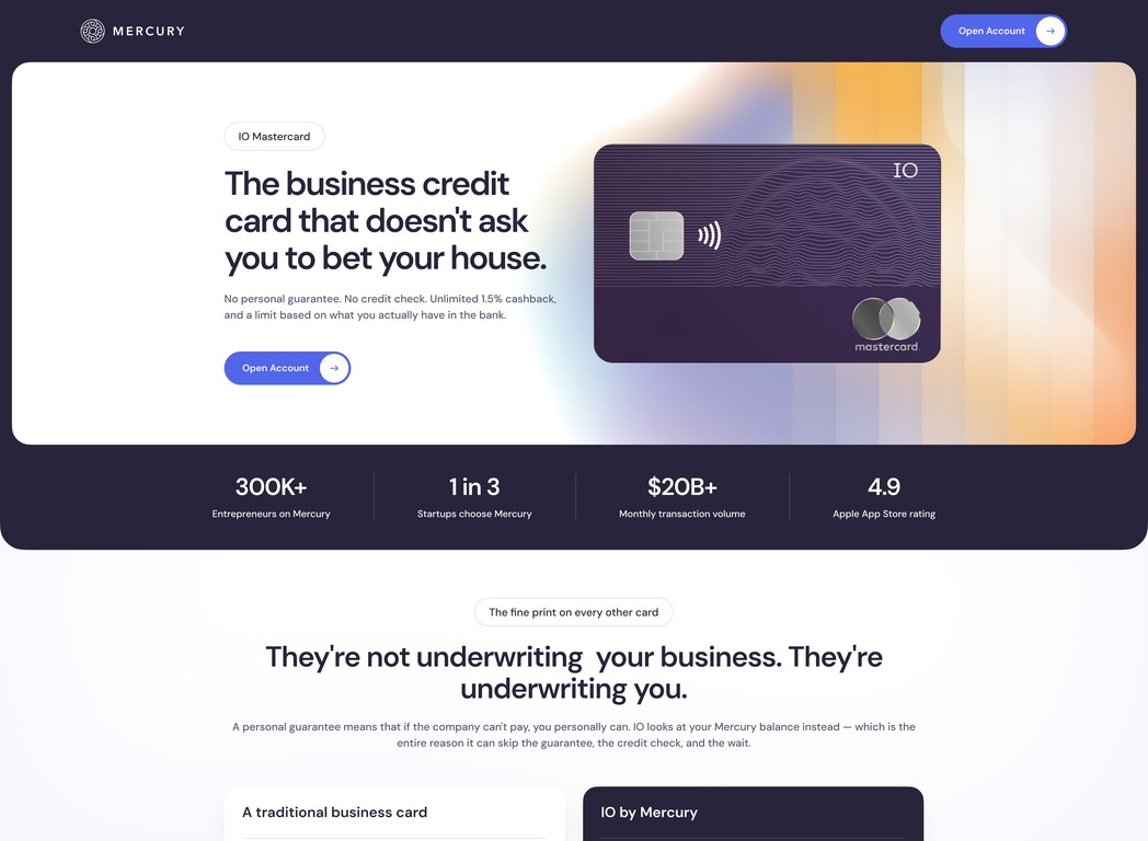 Mercury IO business credit card landing page